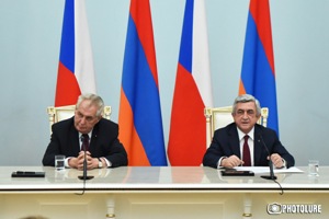 RA President Serzh Sargsyan and President of the Czech Republic Milos Zeman speak with journalist and make an announcement during the press conference at the RA Presidential Residence in Yerevan, Armenia