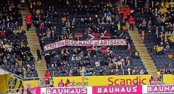 На футбольном матче Швеция-Азербайджан были подняты флаги Армении и Арцаха и плакат с призывом прекратить блокаду Арцаха